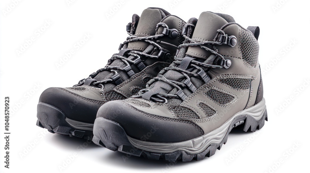 A Pair of Grey Hiking Boots with Black Laces A Pair of Grey Hiking Boots with Black Laces