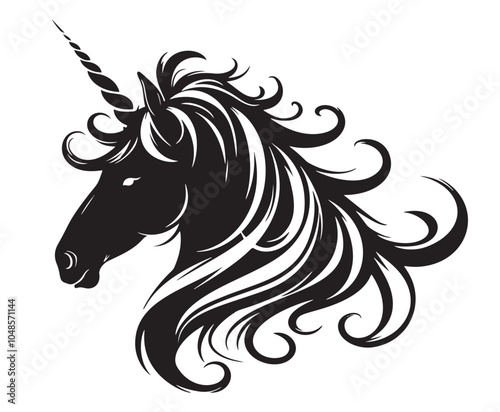 Unicorn head silhouette. Black and white outline drawing of unicorn head. Cute girly horse portrait in retro motif. Isolated graphic element, black and white vector illustration.