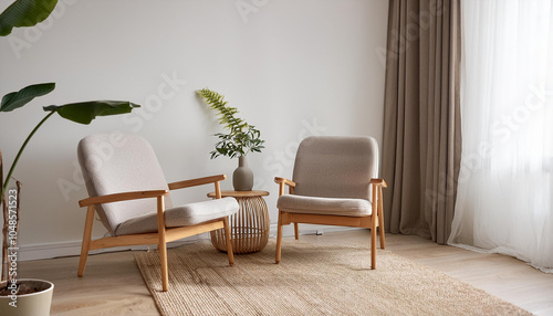 Minimalist, scandinavian interior design of modern living room. Two stylish lounge chairs in corner. 