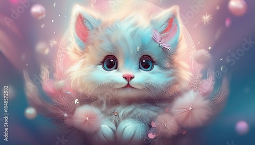 Colorful Digital Art of cute Cat in pink