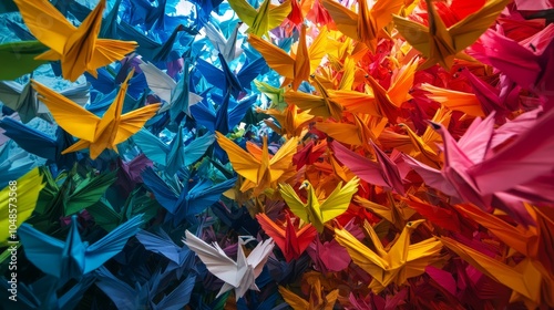 Colorful Origami Cranes Installation in a Vibrant Display