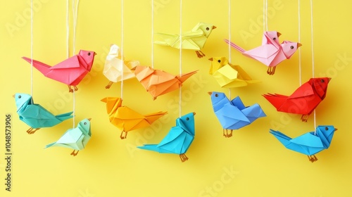 Colorful Origami Birds Hanging Against Yellow Background