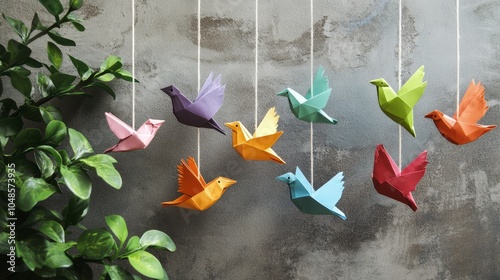 Colorful Origami Birds Hanging Decoratively with Green Leaves