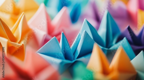 Colorful Origami Paper Cranes in Various Shades