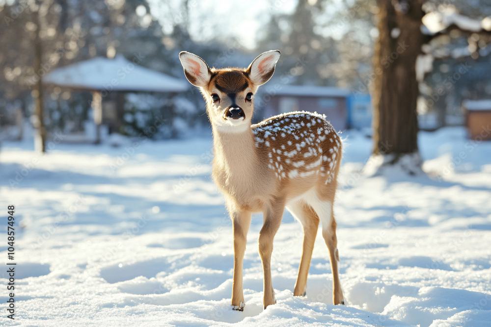 cute little spotted deer fawn in winter forest or zoo cute little spotted deer fawn in winter forest or zoo