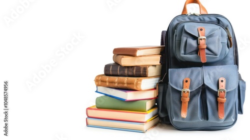 Stack of Books Beside a Blue Backpack with Leather Straps