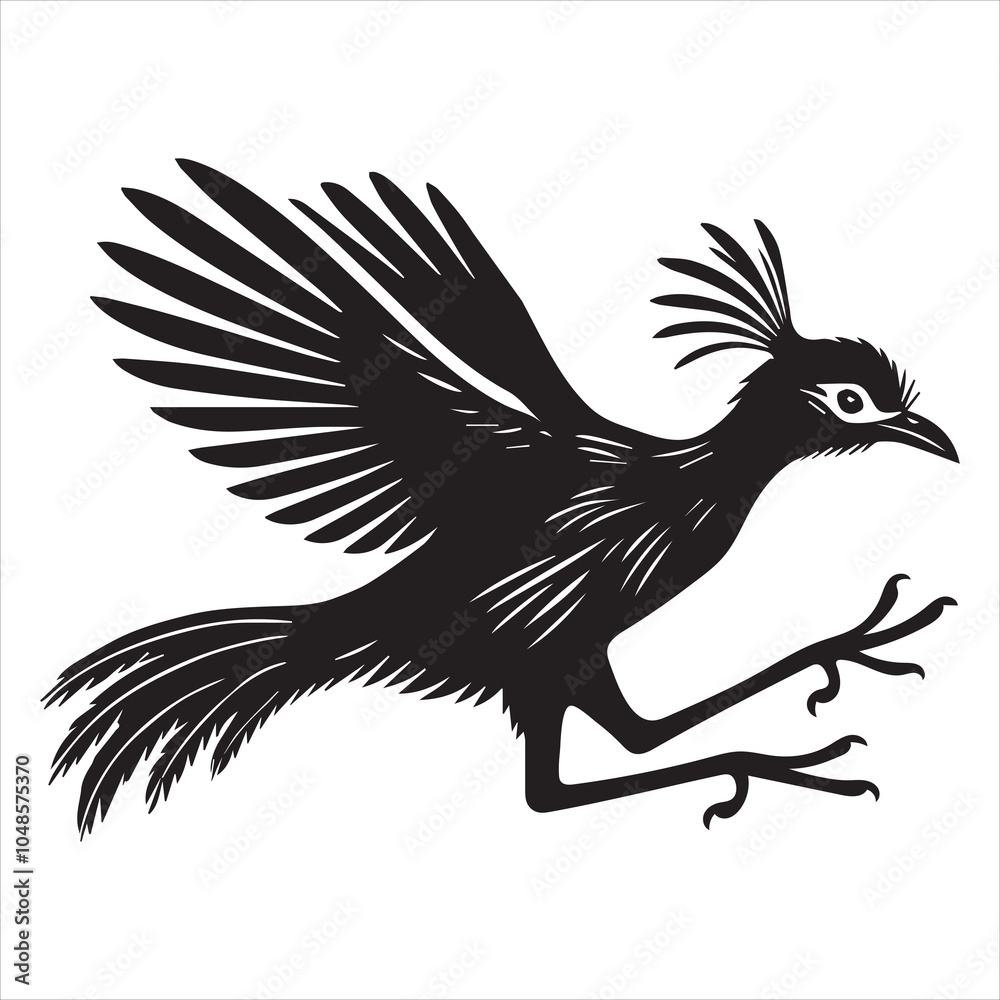 Fototapeta premium Red-legged seriema Bird illustration in black and white - Red-legged seriema Silhouette Design 