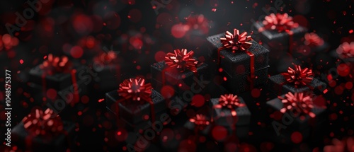 Black gift boxes adorned with shiny red bows, surrounded by glowing red confetti and bokeh lights. Perfect for Black Friday sales and holiday promotions