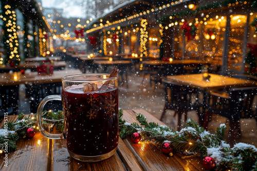 A cozy outdoor setting featuring a warm drink, festive decorations, and a snowy ambiance, perfect for winter gatherings. photo