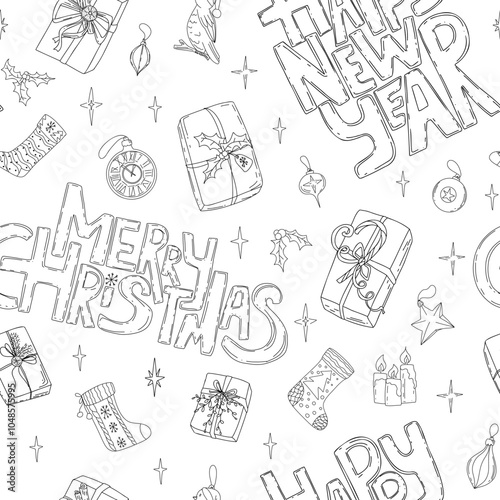 Merry Christmas Happy New Year seamless pattern. Vector illustration doodles, thin line art sketch icons style concept. Hand drawing Christmas ornament. Text, lettering, words, gifts, baubles