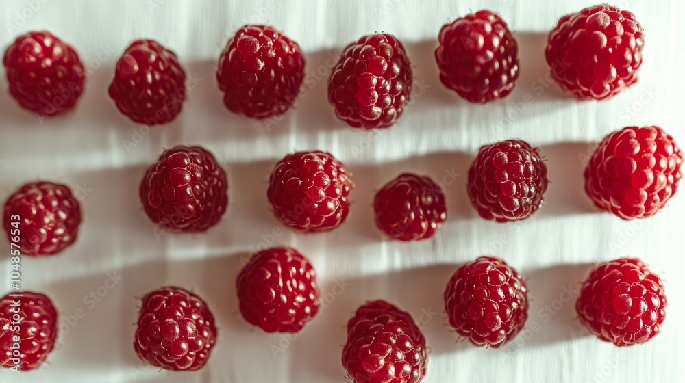 A close-up of red raspberries arranged in rows. A close-up of red raspberries arranged in rows.