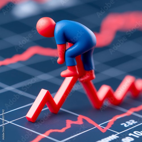 3D figure analyzing fluctuating stock market graph. Concept of financial growth, investment strategy, and economic trends.