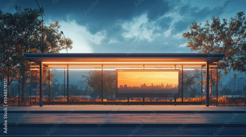 Tranquil Bus Stop at Sunset with City View Tranquil Bus Stop at Sunset with City View