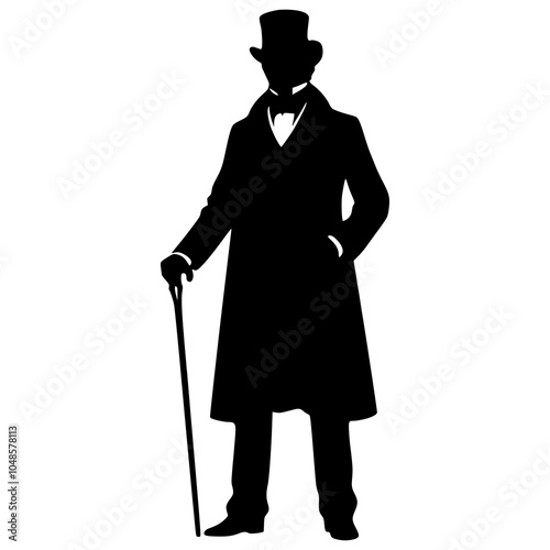 silhouette of a tuxedo-wearing male. silhouette of a cane-wielding Victorian man wearing a high hat.