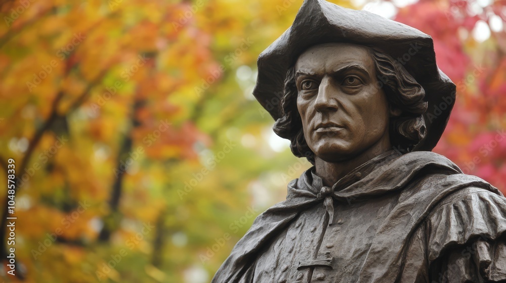 Bronze Statue of Christopher Columbus Surrounded by Autumn Foliage Bronze Statue of Christopher Columbus Surrounded by Autumn Foliage