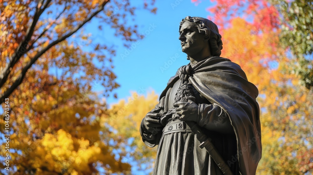 Bronze Statue Surrounded by Autumn Foliage Bronze Statue Surrounded by Autumn Foliage