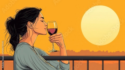 Birthday woman in her mid40s, sipping wine on a cozy balcony, relaxed ambiance photo