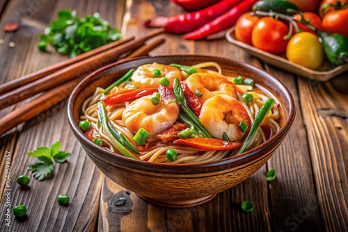 Close-Up of Delicious Chinese Style Shrimp Noodles with Herbs and Vegetables for Culinary Inspiration