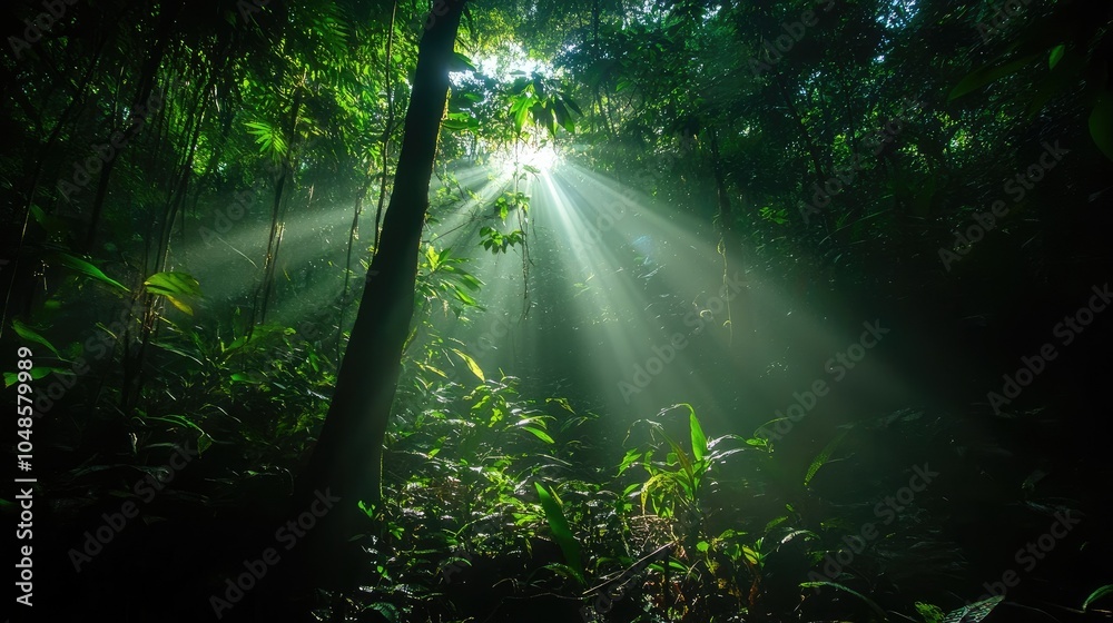 Fototapeta premium Dark rainforest, sun rays through the trees