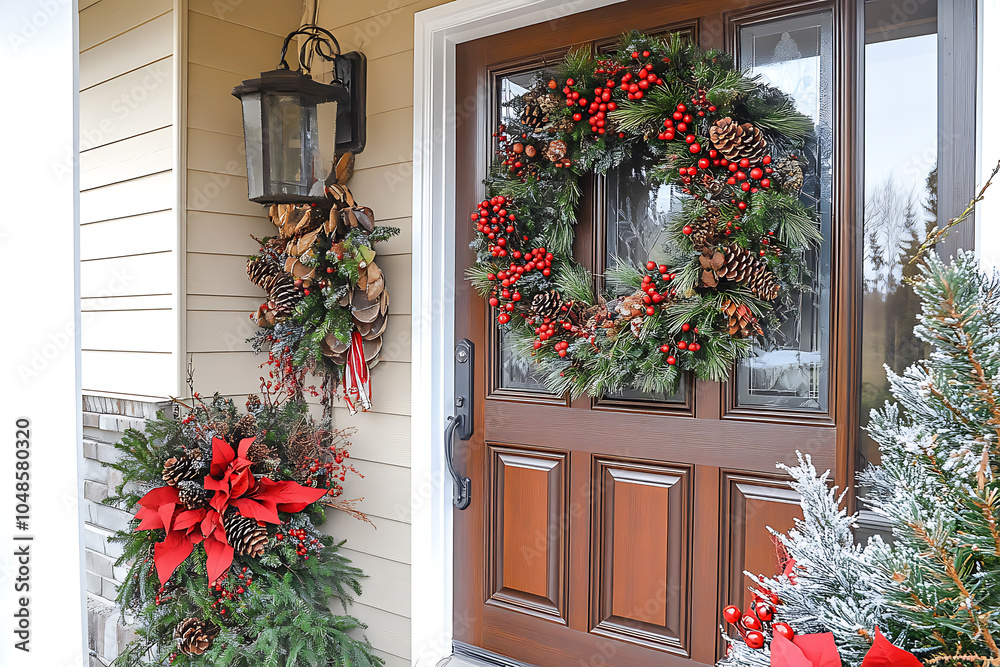 Naklejka premium A festive Christmas wreath hanging on a door. The warm, inviting look embodies the holiday spirit, adding a touch of seasonal charm and elegance