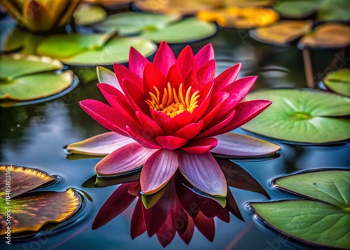 Closeup of Red Water Lily with Yellow Center – Nature's Beauty in Macro Photography photo