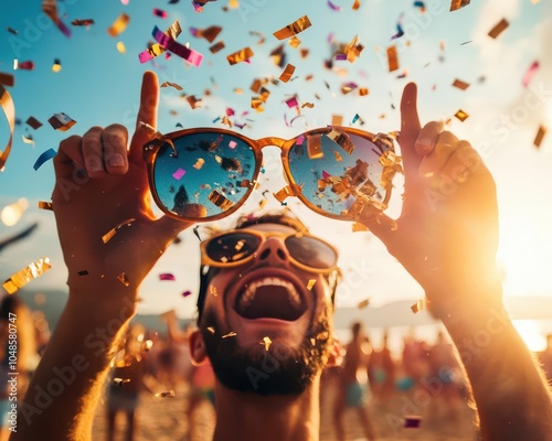 Summer party, vibrant colors, joyful scenes, dynamic action, inviting
