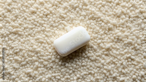 Closeup of White Chewing Gum on Light Beige Carpet - Panoramic Photography for Home Interior Decor photo