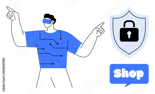 Man wearing virtual reality headset points at technology-themed shield and shop icon. Ideal for technology, e-commerce, cybersecurity, virtual reality, and online shopping. Clean and modern style