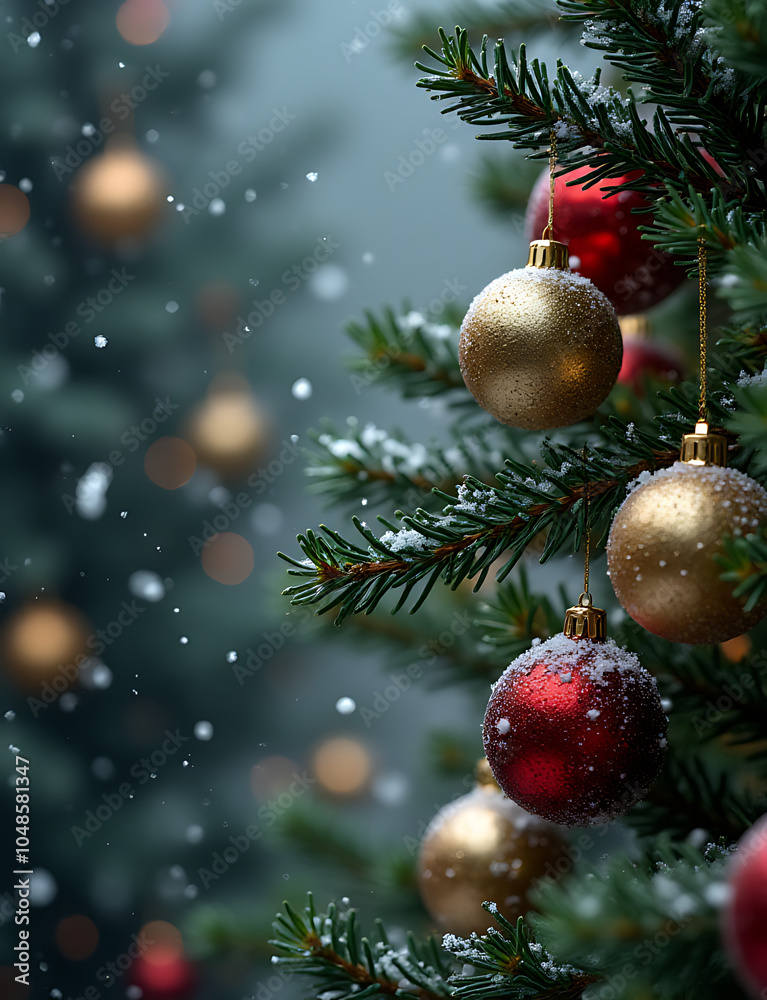 Fototapeta premium Snowflakes fall gently on fir branches amidst festive holiday decorations featuring sparkling baubles.