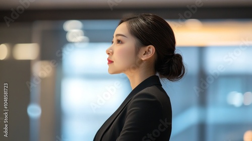Free Download A woman in a black suit is looking out the window - GFXLoad