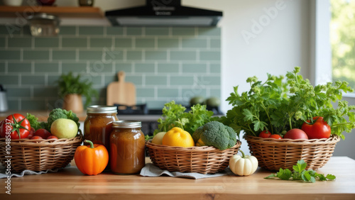 A rustic wooden kitchen counter with baskets of fresh vegetables and jars of preserved food.