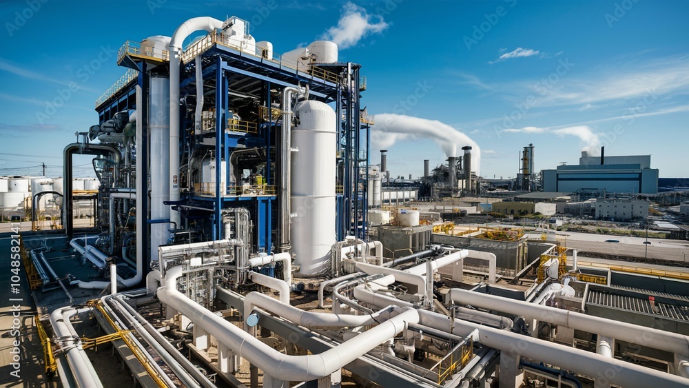 Fototapeta premium Industrial Carbon Capture System with Pipes and Tanks