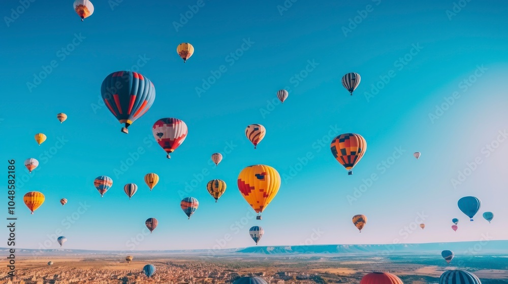 Naklejka premium Hot air balloons flying over mountain at sunrise
