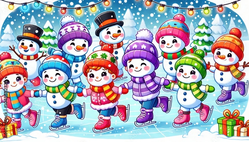 Naklejka premium Snowmen and Children Ice Skating in Winter Wonderland