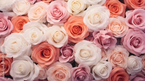 Pink and white roses in a bridal bouquet as a background