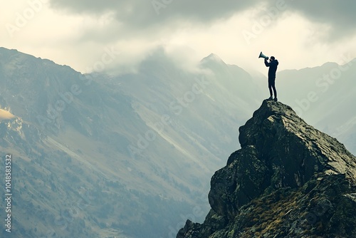 Silhouetted Person Holding Megaphone on Mountain Peak Shouting Across Valley