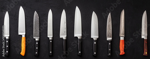 Set of chef s knives with sharp lighting, black studio background, professional and sleek photo