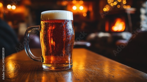 Cozy Beer Mug by the Fireplace