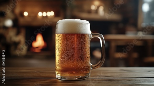 Frosty Beer Mug on Wooden Table