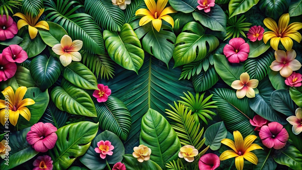 Tropical floral pattern with pink and yellow flowers on lush green leaves high angle shot Tropical floral pattern with pink and yellow flowers on lush green leaves high angle shot
