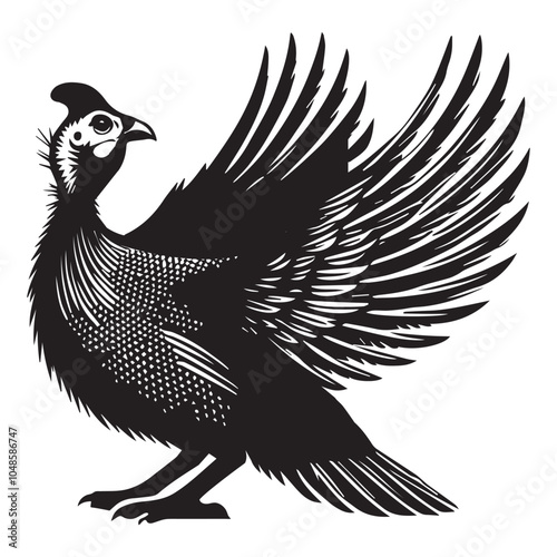 Helmeted guineafowl Silhouette Design - Helmeted guineafowl Bird Vector illustration in black and white