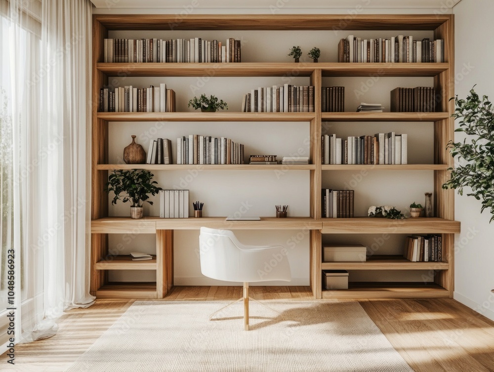 Minimalist library with white walls and shelving paired with light wood accents Minimalist library with white walls and shelving paired with light wood accents
