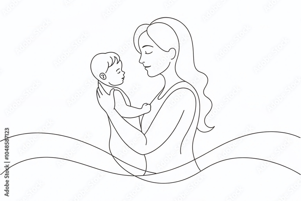 Continuous Line Art of Mother and Child Embracing with Copy Space for Design Projects Continuous Line Art of Mother and Child Embracing with Copy Space for Design Projects