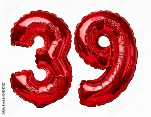 数字の39の形の赤い風船（Number 39 red foil balloon on white background）
 photo