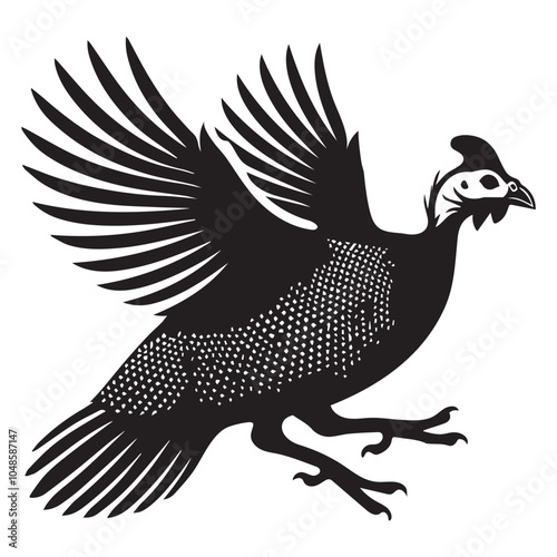 Helmeted guineafowl Silhouette Design - Helmeted guineafowl Bird Vector illustration in black and white