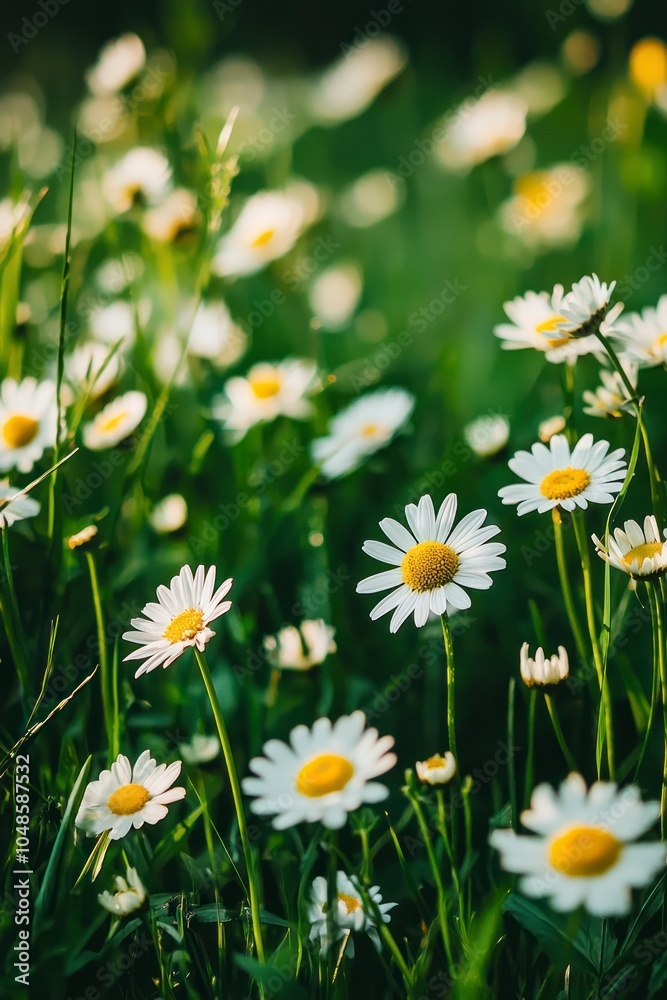 Fototapeta premium A meadow with daisies, yellow and white flowers, grassy meadow