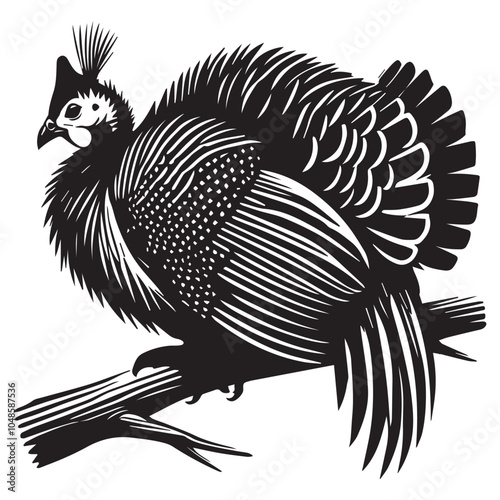 Helmeted guineafowl Silhouette Design - Helmeted guineafowl Bird Vector illustration in black and white