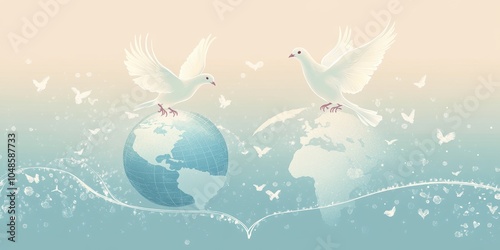 Two white doves perched on earth globes.