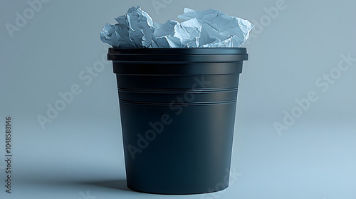 A Black Trash Can Filled with Crumpled White Paper, Set Against a White Background. A Symbol of Waste Management and Environmental Awareness. Ideal for Illustrating Recycling and Cleanup Themes. 