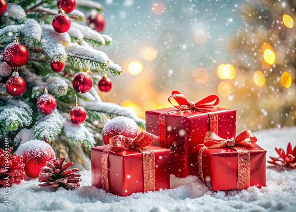Cozy Christmas Scene with Red Presents in Snow Under Frosty Tree for Holiday Spirit Cozy Christmas Scene with Red Presents in Snow Under Frosty Tree for Holiday Spirit